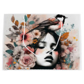 Romantic Floral Woman with Delicate Bird Details ラージペーパーバッグ (正面)