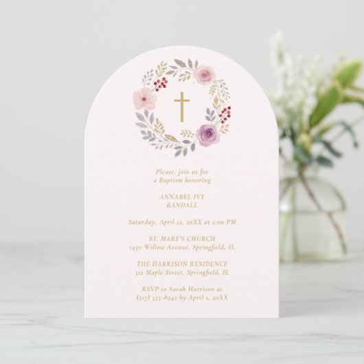 Romantic Floral Wreath Minimalist Baptism 招待状 (スタンド正面)