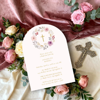 Romantic Floral Wreath Minimalist Baptism 招待状