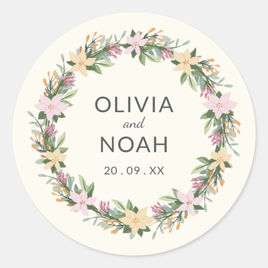 Romantic floral wreath wedding ラウンドシール (正面)