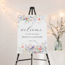 Romantic Flowers & Blue Birds Wedding Welcome Sign