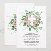 Romantic Flowers & White Cross Girl Baptism 招待状 (正面/裏面)
