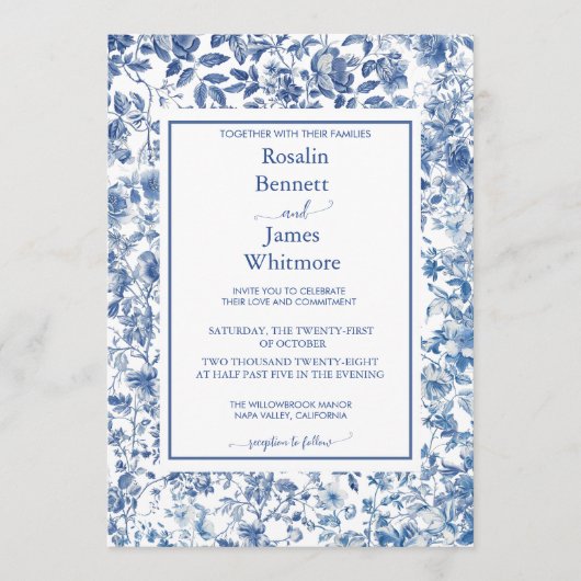 Romantic French Blue Toile Garden Frame Wedding 招待状 (正面)
