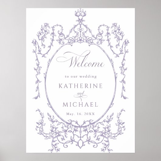 Romantic French Frame Lavender Wedding Welcome ポスター (正面)