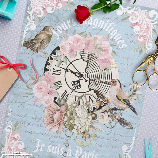 Romantic French grunge blue floral Ephemera Chic 薄葉紙