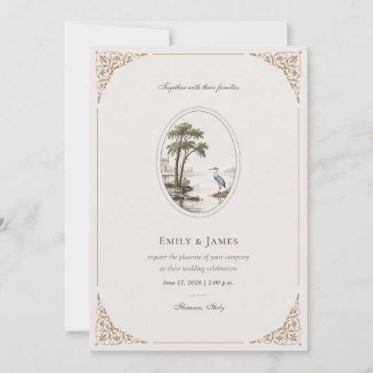 Romantic French Heron Oval Frame Wedding Invitatio 招待状 (正面)