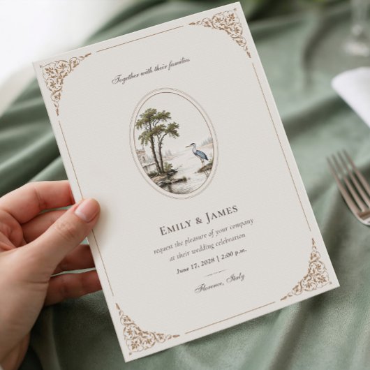 Romantic French Heron Oval Frame Wedding Invitatio 招待状