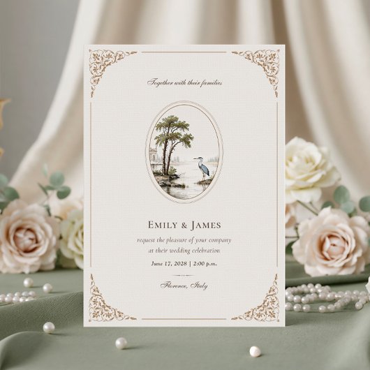 Romantic French Heron Oval Frame Wedding Invitatio 招待状