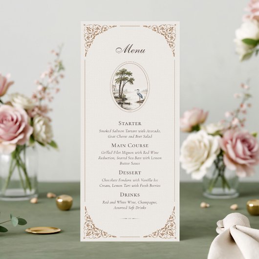 Romantic French Heron Oval Frame Wedding Menu Card メニュー