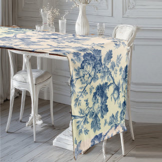  Romantic French toile de Jouy Powder Blue Floral  ショートテーブルランナー