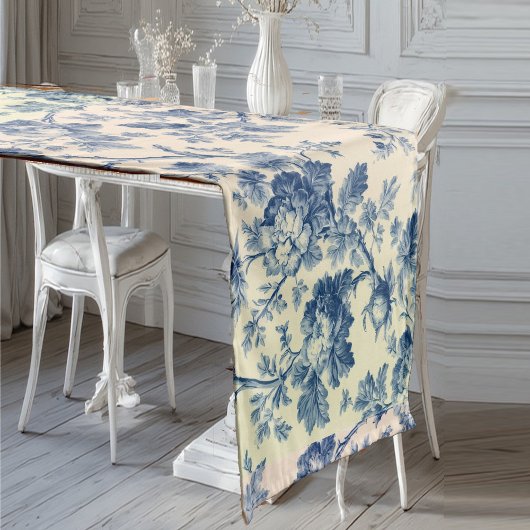  Romantic French toile de Jouy Powder Blue Floral  ショートテーブルランナー