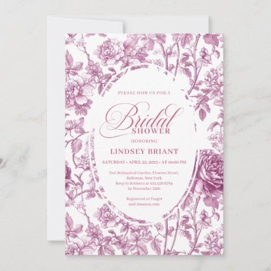 Romantic Fuchsia Pink Roses Pattern Bridal Shower  招待状 (正面)