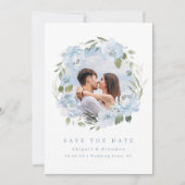 Romantic garden dusty blue floral wedding photo セーブザデート (正面)