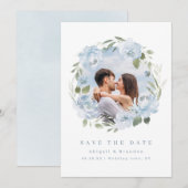 Romantic garden dusty blue floral wedding photo セーブザデート (正面/裏面)