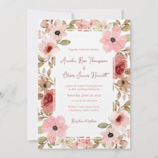 Romantic Garden Floral Border Wedding Invitation 招待状 (正面)
