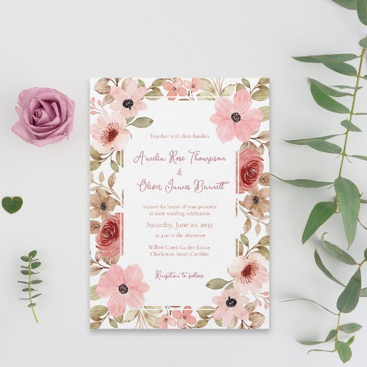 Romantic Garden Floral Border Wedding Invitation 招待状