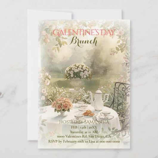 Romantic Garden Tea Galentine Brunch Soft Florals 招待状 (正面)