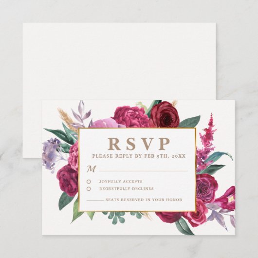 Romantic gold and Maroon Watercolor Floral Wedding 出欠カード (正面/裏面)