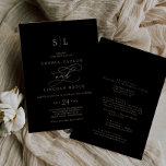 Romantic Gold Calligraphy Black All In One Wedding 招待状<br><div class="desc">This romantic gold calligraphy black all in one wedding invitation is perfect for a simple wedding. The modern classic design features fancy swirls and whimsical flourishes with gorgeous elegant hand lettered faux champagne gold foil typography. Save paper by including the details on the back of the wedding invitation instead of...</div>