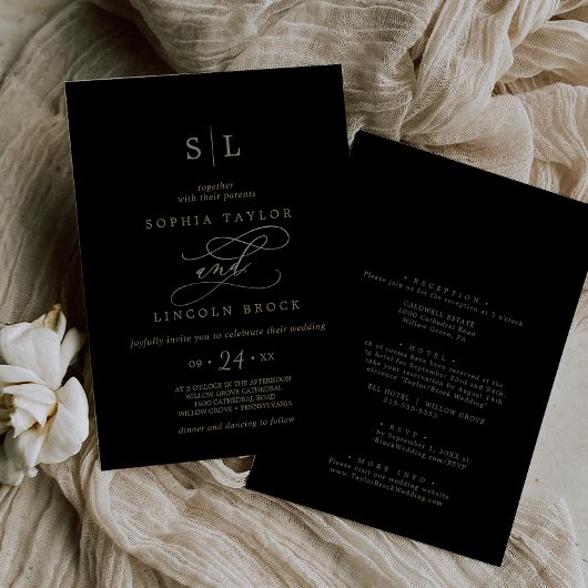 Romantic Gold Calligraphy Black All In One Wedding 招待状