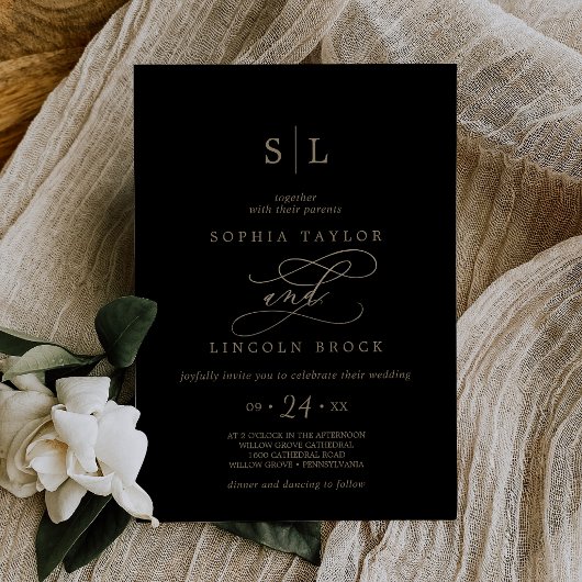Romantic Gold Calligraphy | Black Monogram Wedding 招待状