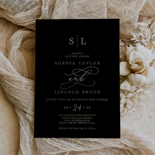 Romantic Gold Calligraphy | Black Monogram Wedding 招待状