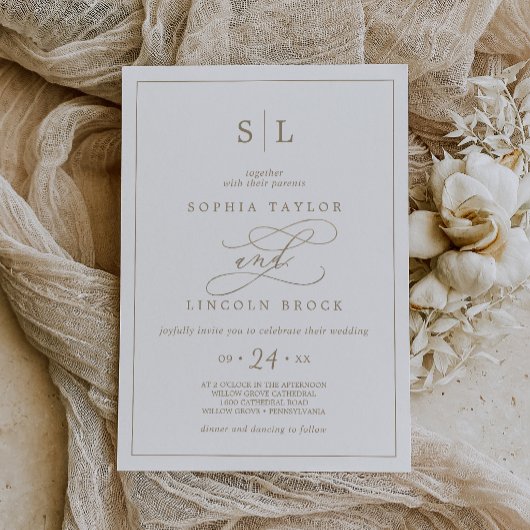 Romantic Gold Calligraphy Monogram Wedding Invitat 招待状