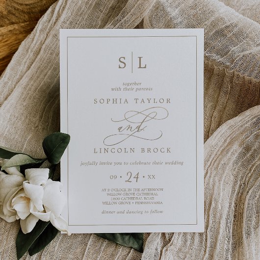 Romantic Gold Calligraphy Monogram Wedding Invitat 招待状