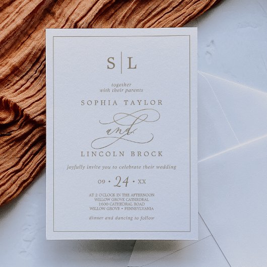 Romantic Gold Calligraphy Monogram Wedding Invitat 招待状