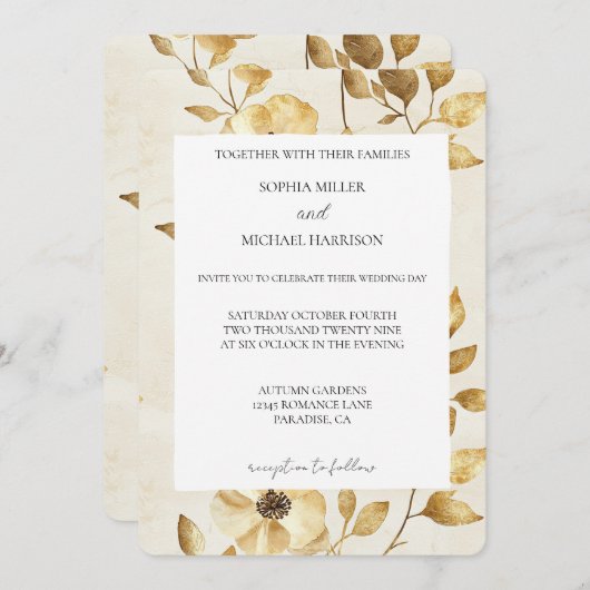 Romantic Gold Cream Floral Wedding 招待状 (正面/裏面)