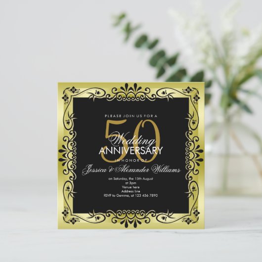 Romantic Gold Decorative Framed 50th Wedding 招待状 (スタンド正面)
