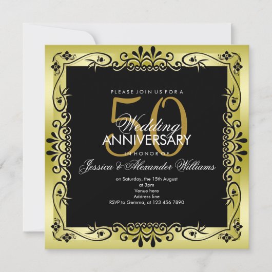 Romantic Gold Decorative Framed 50th Wedding 招待状 (正面)
