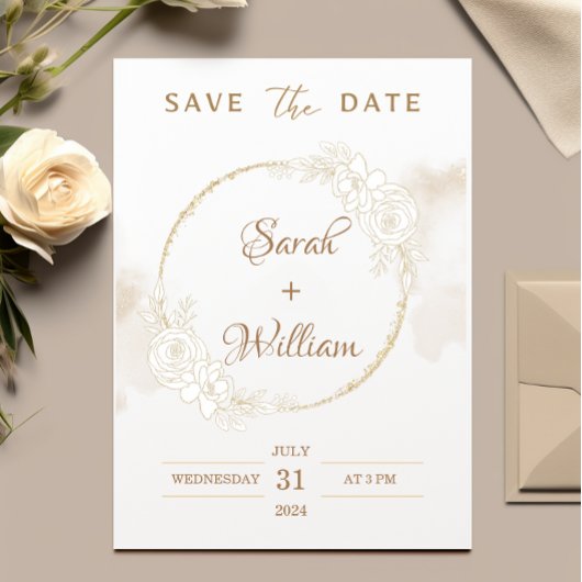 Romantic Gold Floral Rose Elegant Save The Date 招待状