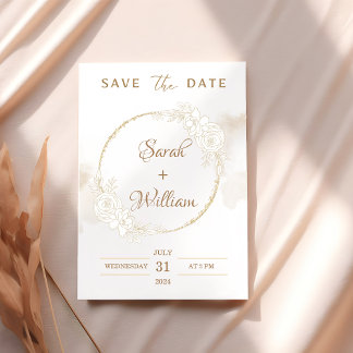 Romantic Gold Floral Rose Elegant Save The Date 招待状