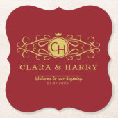 Romantic gold red elegant calligraphy wedding  ペーパーコースター (正面)