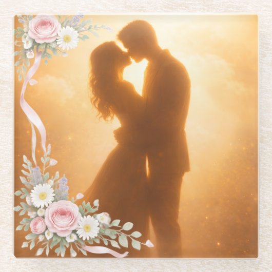 Romantic Golden Sunset Silhouette  Wedding Napkins ガラスコースター (正面)
