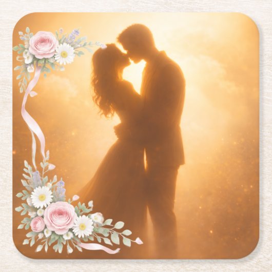 Romantic Golden Sunset Silhouette  Wedding Napkins スクエアペーパーコースター (正面)