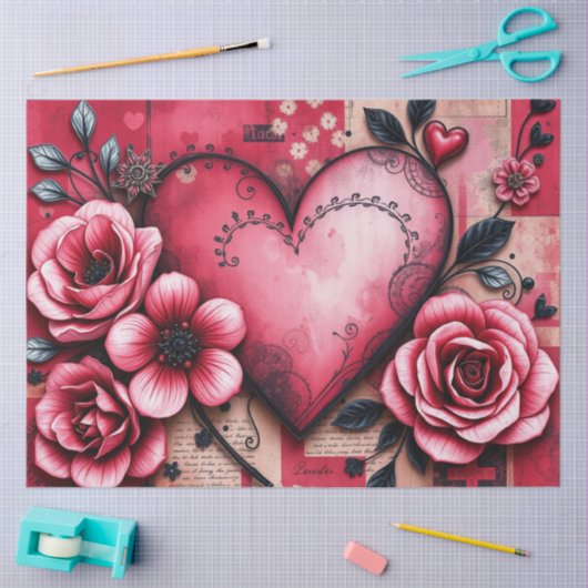 Romantic Gothic Hearts and flowers Tissue Paper 薄葉紙 (クラフト)
