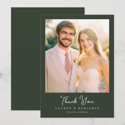 Romantic Green Elegant Photo サンキューカード (正面/裏面)