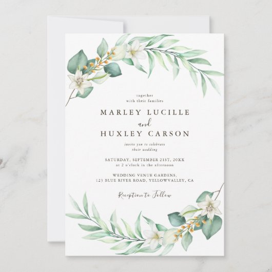 Romantic Greenery Wreath Elegant Wedding 招待状 (正面)