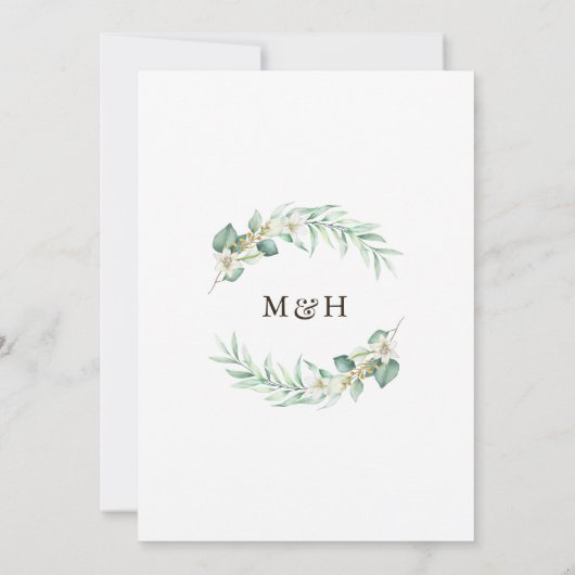Romantic Greenery Wreath monogram Wedding 招待状 (裏面)