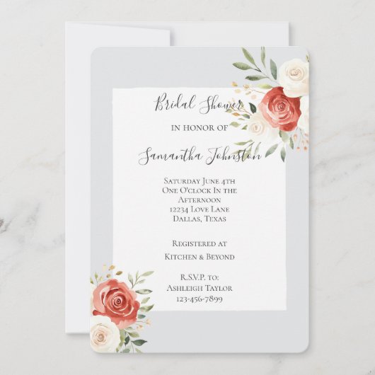 Romantic Grey Red Cream Roses Bridal Shower 招待状 (正面)
