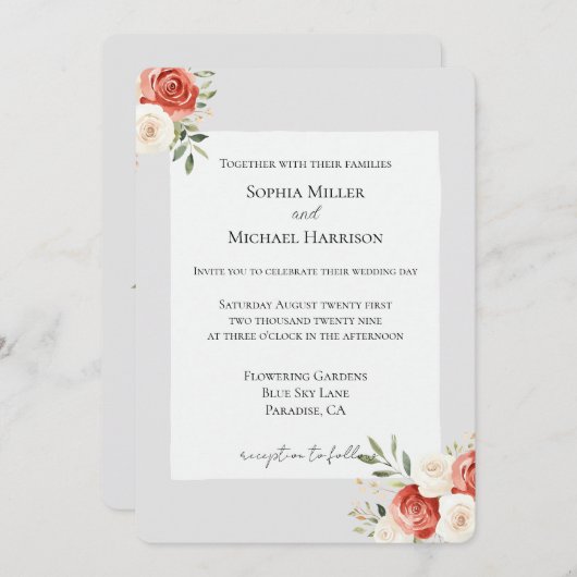 Romantic Grey Red Cream Roses Wedding 招待状 (正面/裏面)