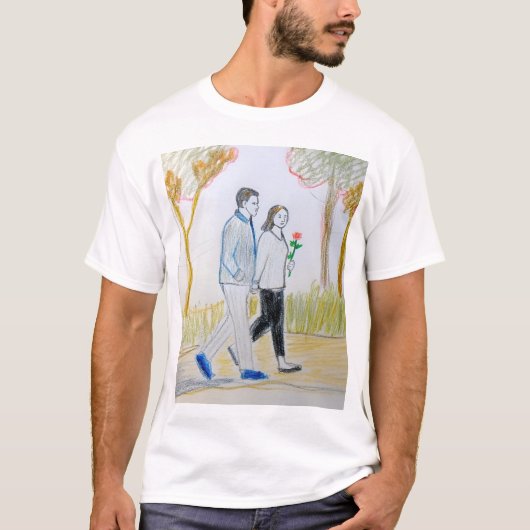 Romantic Hand-Drawn Couple Walking in Park t-shirt Tシャツ (正面)