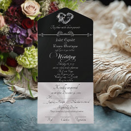 Romantic Heart & Calligraphy - Black/Silver オールインワン招待状