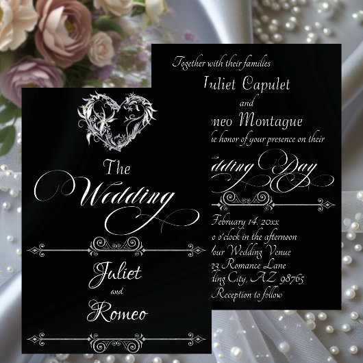 Romantic Heart & Calligraphy on Black - Wedding 招待状