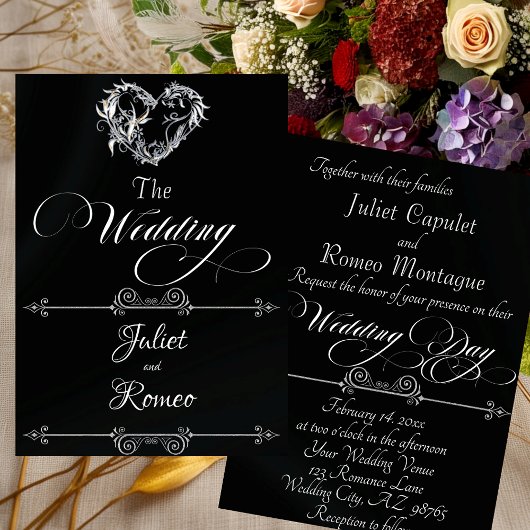 Romantic Heart & Calligraphy on Black - Wedding 招待状