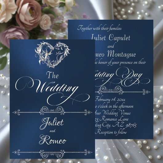 Romantic Heart & Calligraphy on Blue - Wedding 招待状