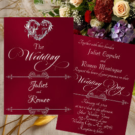 Romantic Heart & Calligraphy on Burgundy - Wedding 招待状