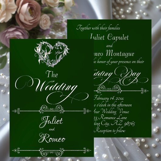 Romantic Heart & Calligraphy on Emerald - Wedding 招待状